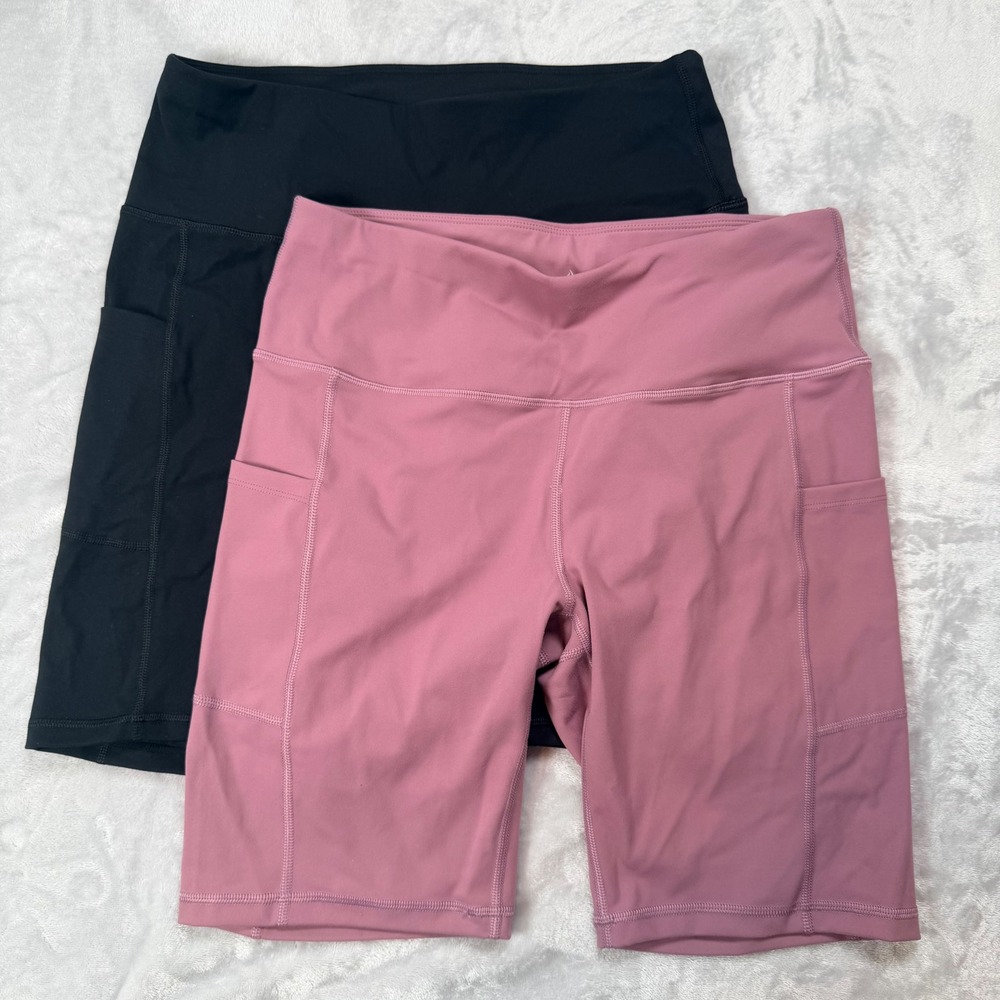 Fengbay Womens High Waist Biker Shorts with Pockets Black Pink Size Large 2 Pack